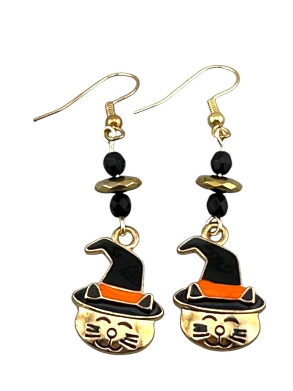Gold Witchy Cat Earrings Faceted Black Beads Gold Hematite Dangle 2.25"